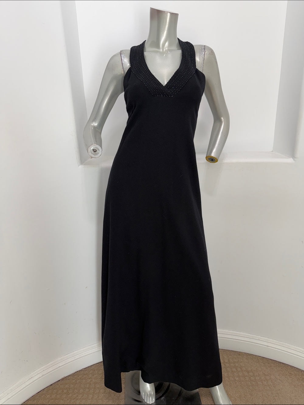 Mollie Parnis Boutique 1980s Evening Black Gown Halter Maxi  Dress Beaded V-neck